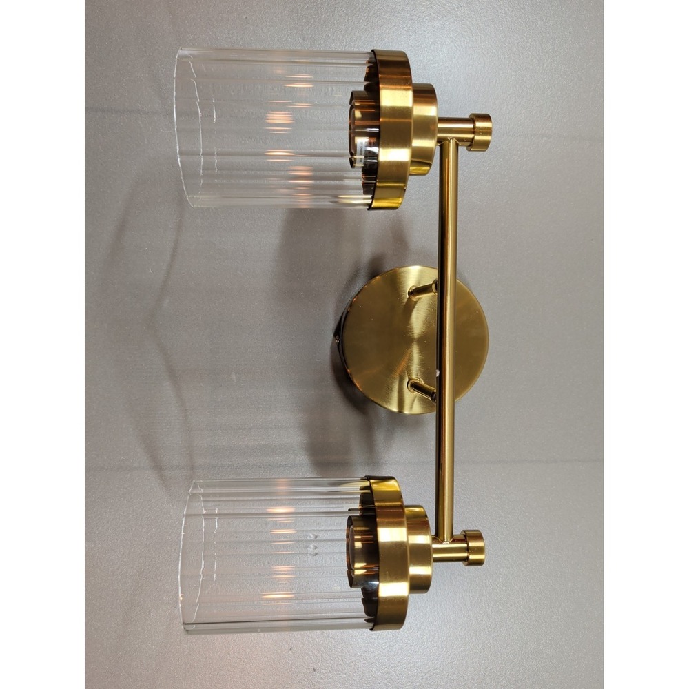 Modern 2-Light Vanity Sconce Brushed Brass Fluted Glass Wall Light Fixture - Picture 2 of 11